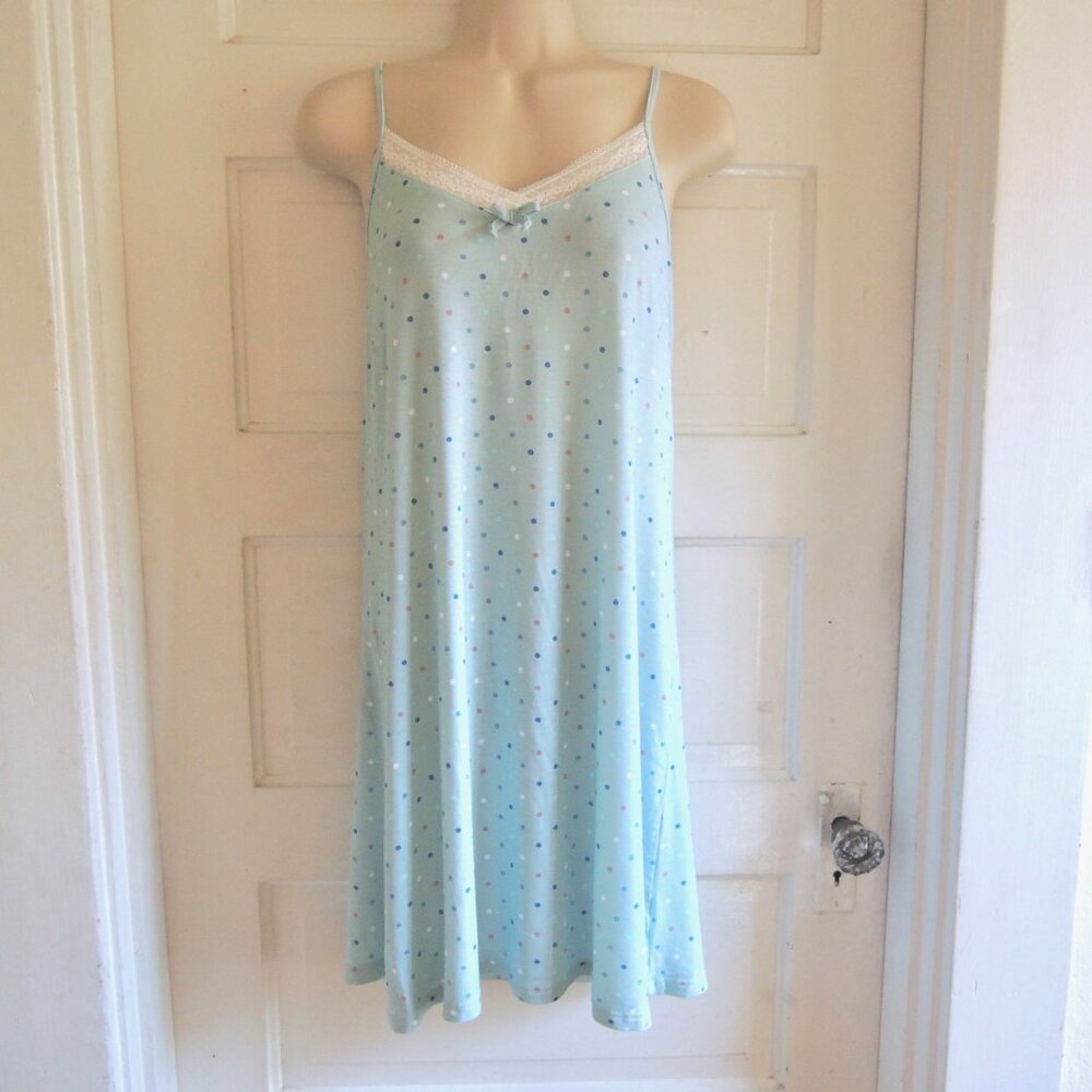 Tress Blue Polka Dot Soft Knit Camisole Nightie Nightgown M